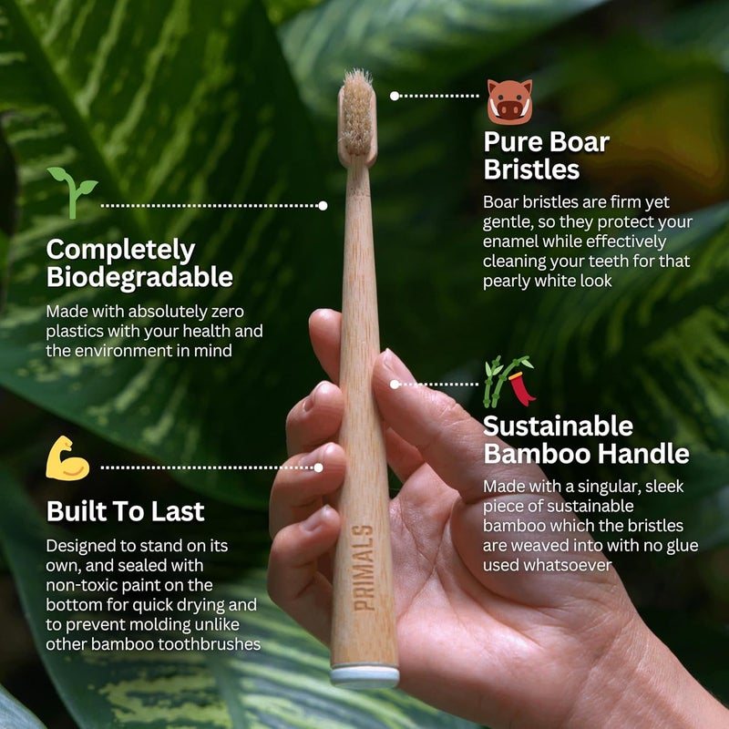 PRIMALS Boar Bristle & Bamboo Toothbrush (4-Pack) - Premium Boar Bristles - Fully Biodegradable - Plastic & Nylon Free - Quick Dry Design - Image 2